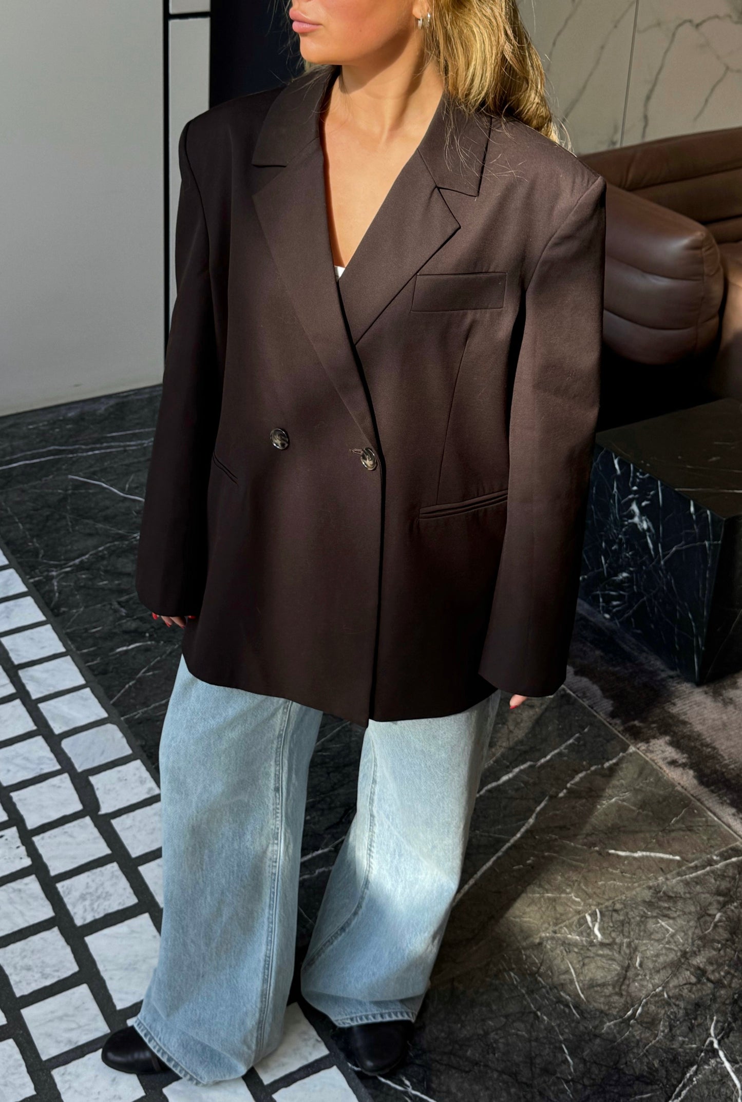 Oversized Back Slit Blazer Dark Brown